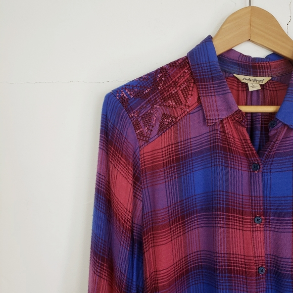 Lucky Brand Sequin Embroidered Shoulder Flannel Lg - Picture 5 of 10